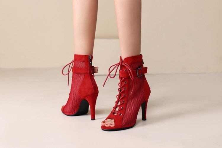 Stylish Peep Toe Hollow Mesh Cross Lace-up High Heels