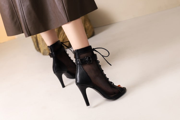 Stylish Peep Toe Hollow Mesh Cross Lace-up High Heels