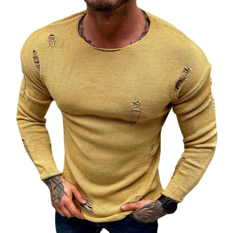 Men's Summer New Ripped Sweater Round Neck Long Sleeve Thin Basic Shirt
