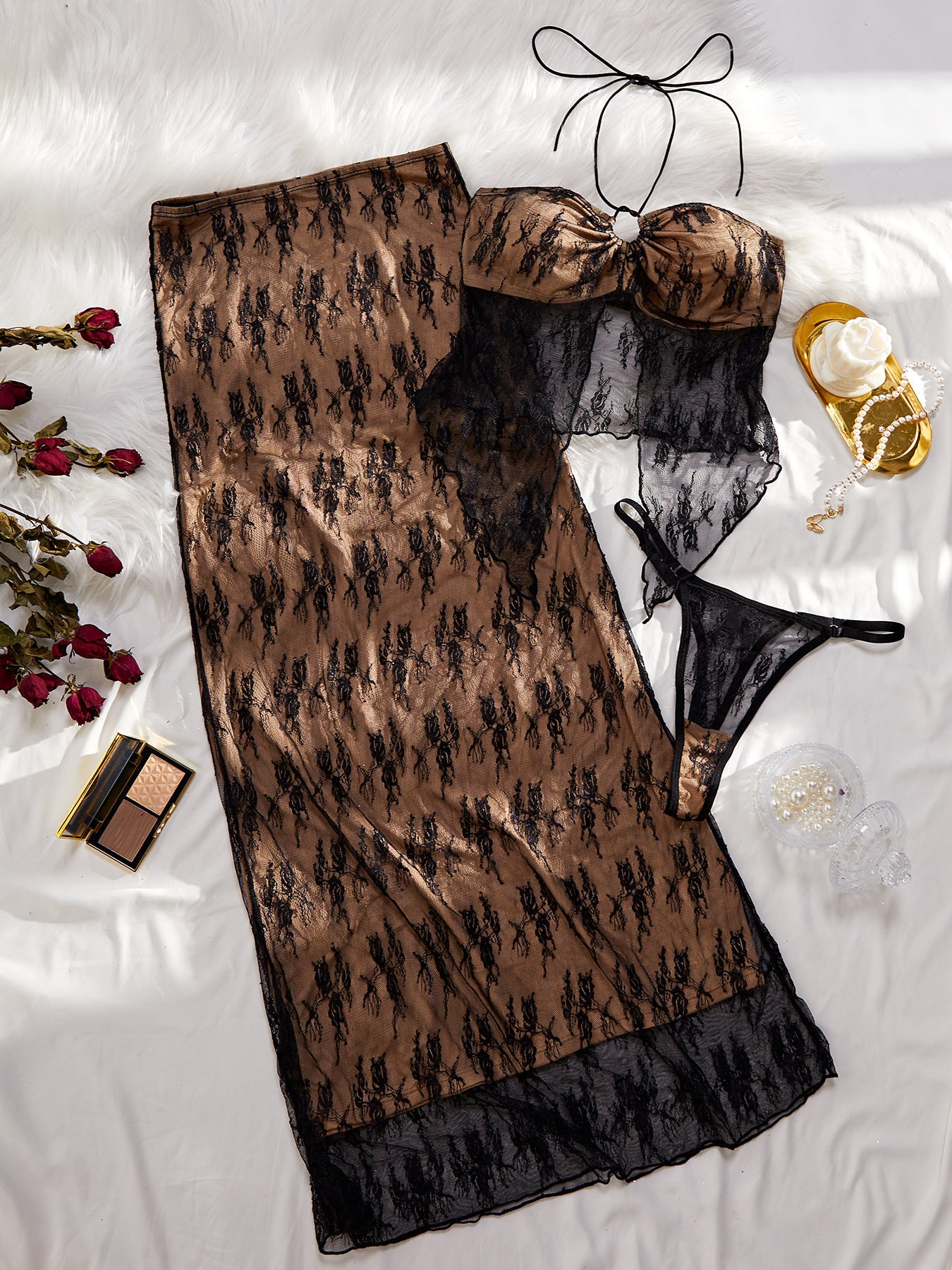 Lace-up Tube Top Mop Dress Three-piece Set For Women