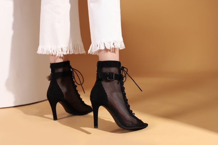 Stylish Peep Toe Hollow Mesh Cross Lace-up High Heels
