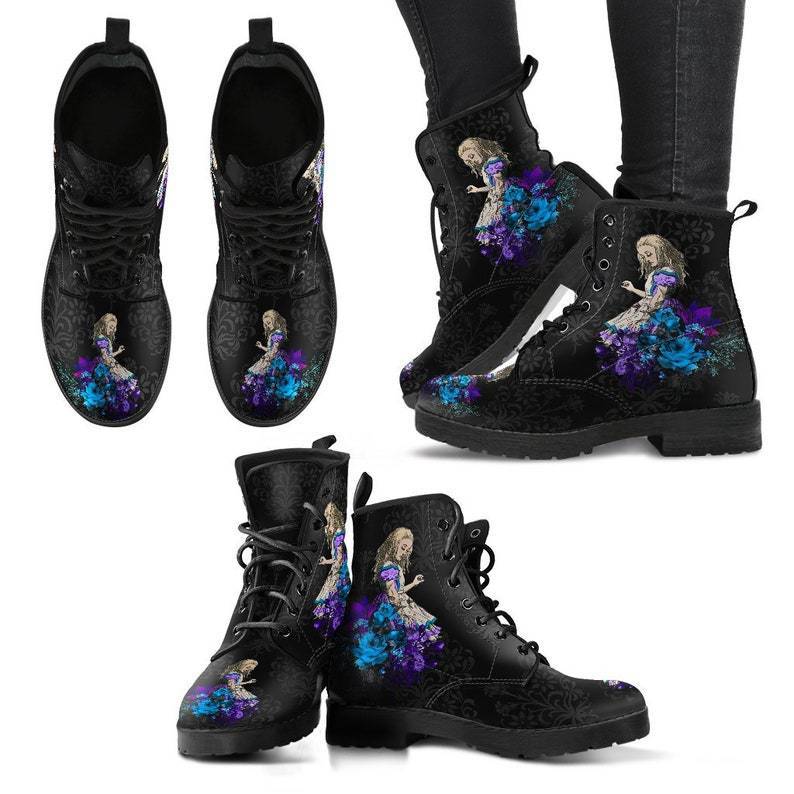 Gothic Through the Looking Glass Print Vegan Leather Combat Boots
