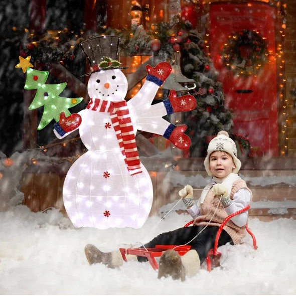 Lighted Snowman Pre-lit 2D Snowman Waving Hands With 170 LED Warm White Lights And Stakes