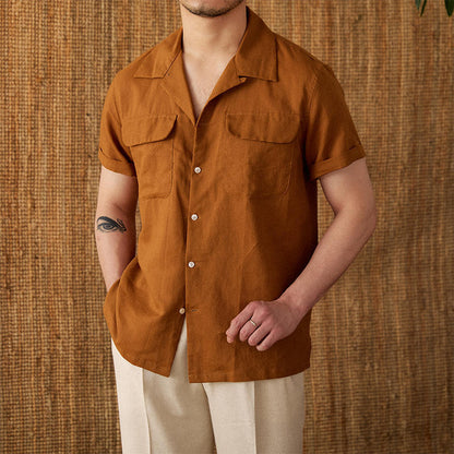 Short-sleeved Summer Cotton And Linen Cuban Collar Shirt