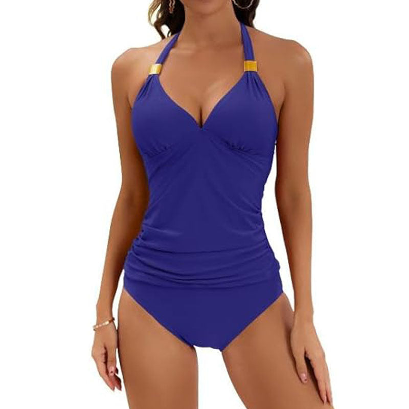 Pure Color Halter Tankini Two Piece