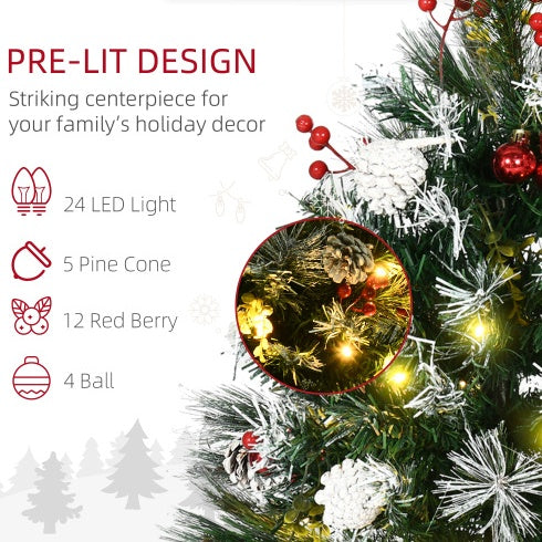 HOMCOM 2.5 Ft 30 LED 2 Pack Outdoor Entryway Pre-Lit Artificial Christmas Tree Cordless Warm White LED Lights, Red Berries, Pine Cones, Balls, Green