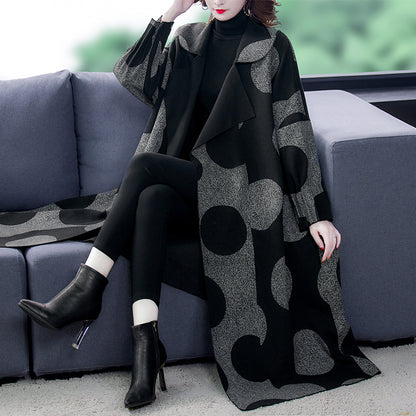 Mid-length Large Lapel Polka Dot Coat