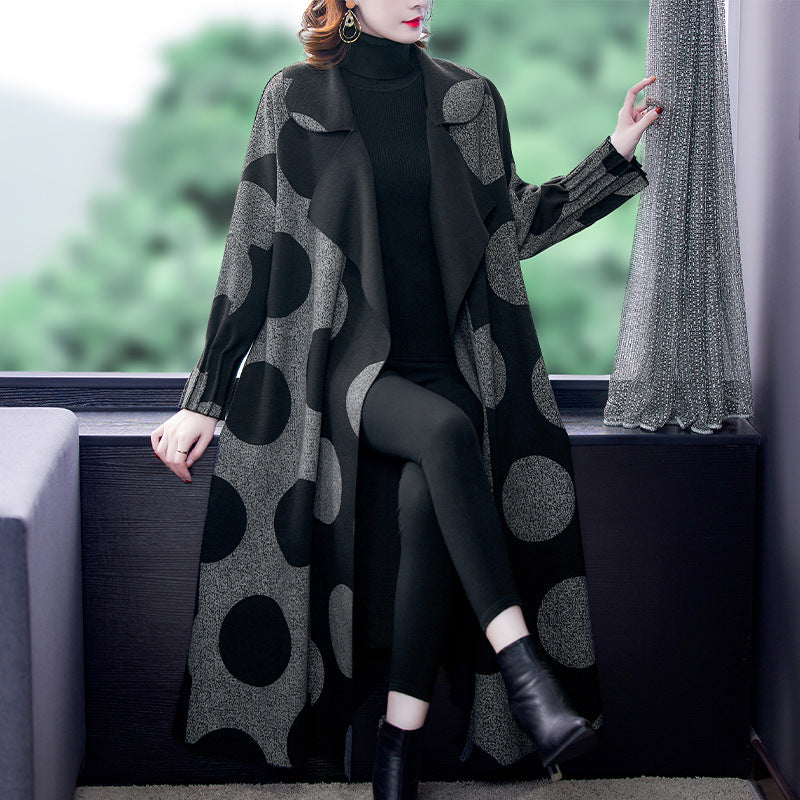 Mid-length Large Lapel Polka Dot Coat