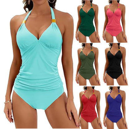 Pure Color Halter Tankini Two Piece