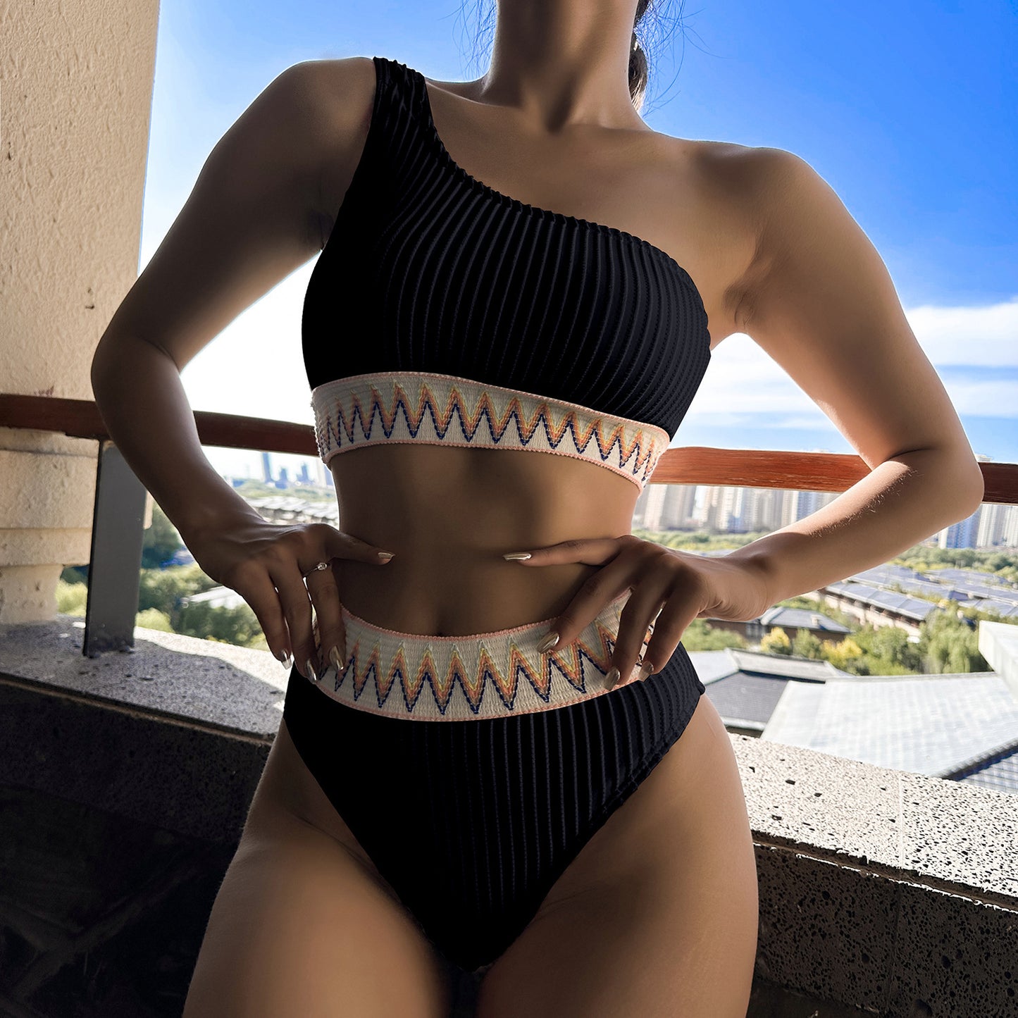 One-shoulder Bikini With Striped Pleated And Ripple Print