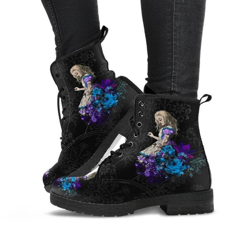 Gothic Through the Looking Glass Print Vegan Leather Combat Boots