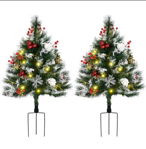 HOMCOM 2.5 Ft 30 LED 2 Pack Outdoor Entryway Pre-Lit Artificial Christmas Tree Cordless Warm White LED Lights, Red Berries, Pine Cones, Balls, Green