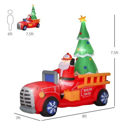 HOMCOM 7.5ft Christmas Inflatable Santa Claus Driving A Fire Truck With Tree, Outdoor Blow-Up Yard Decoration With LED Lights Display