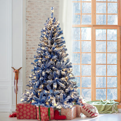 6 Foot Blue Artificial Fir Tree With Pre-installed Lights And Snow