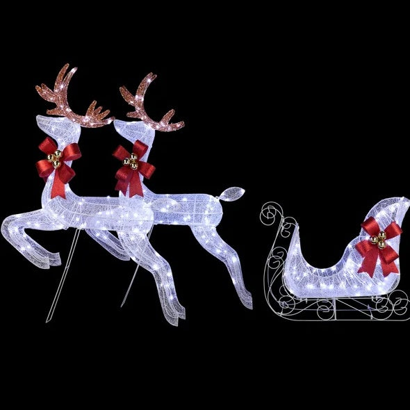 3-Piece Lighted Set Of 2 Reindeer & Sleigh, Weather Proof Christmas Outdoor Decorations