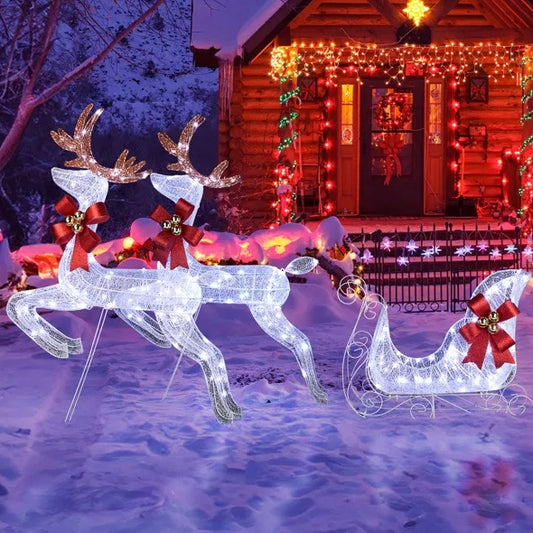 3-Piece Lighted Set Of 2 Reindeer & Sleigh, Weather Proof Christmas Outdoor Decorations