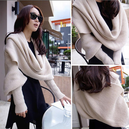 Knitted Wool Scarf Shawl With Sleeves