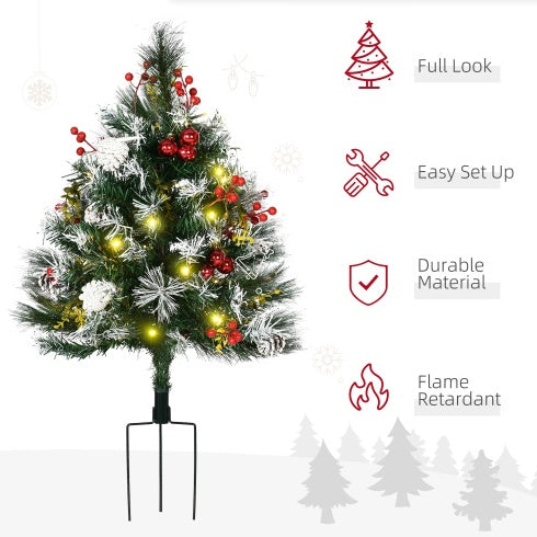 HOMCOM 2.5 Ft 30 LED 2 Pack Outdoor Entryway Pre-Lit Artificial Christmas Tree Cordless Warm White LED Lights, Red Berries, Pine Cones, Balls, Green