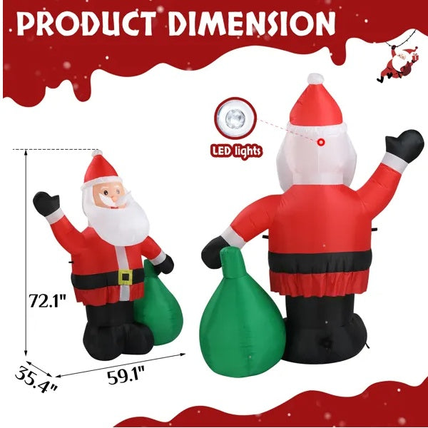 6 FT Lighted Inflatable Santa Claus With Large Gift Bag