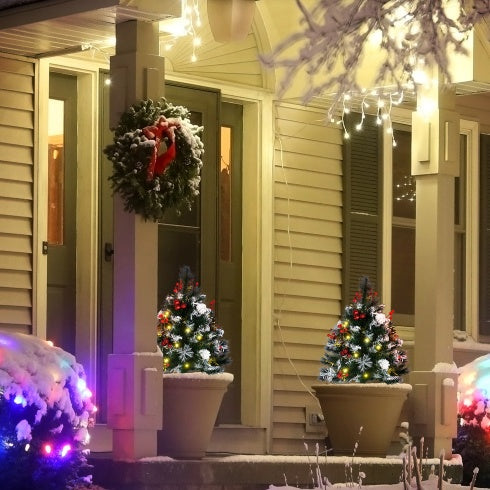 HOMCOM 2.5 Ft 30 LED 2 Pack Outdoor Entryway Pre-Lit Artificial Christmas Tree Cordless Warm White LED Lights, Red Berries, Pine Cones, Balls, Green