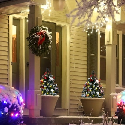 HOMCOM 2.5 Ft 30 LED 2 Pack Outdoor Entryway Pre-Lit Artificial Christmas Tree Cordless Warm White LED Lights, Red Berries, Pine Cones, Balls, Green