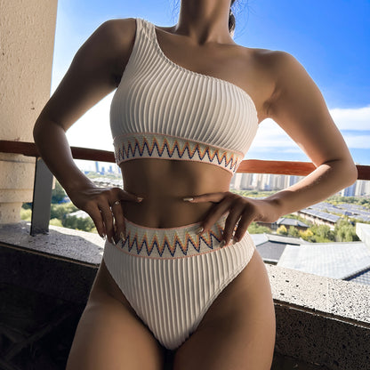 One-shoulder Bikini With Striped Pleated And Ripple Print