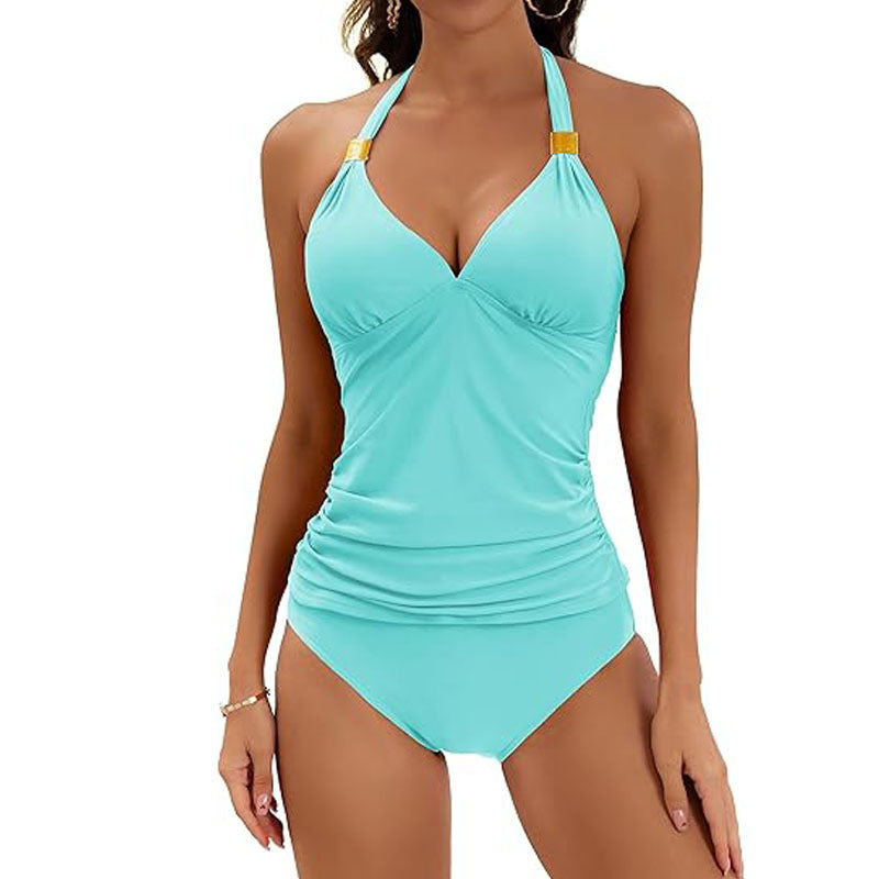 Pure Color Halter Tankini Two Piece