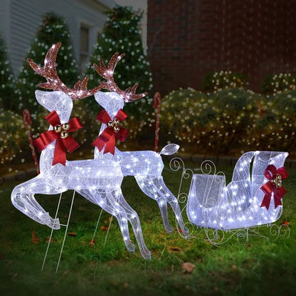 3-Piece Lighted Set Of 2 Reindeer & Sleigh, Weather Proof Christmas Outdoor Decorations