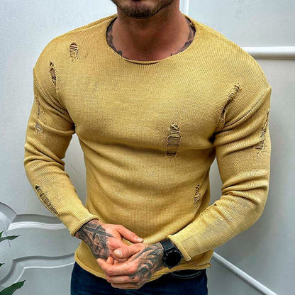 Men's Summer New Ripped Sweater Round Neck Long Sleeve Thin Basic Shirt