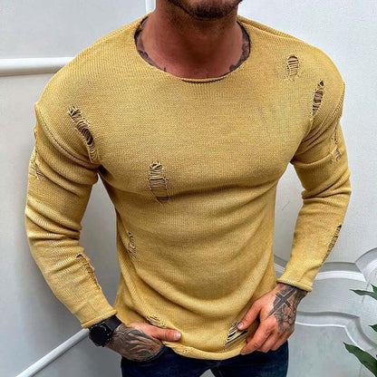 Men's Summer New Ripped Sweater Round Neck Long Sleeve Thin Basic Shirt