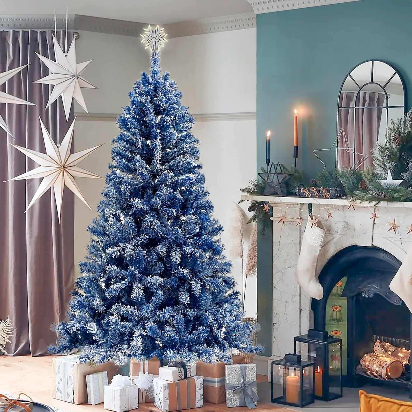 6 Foot Blue Artificial Fir Tree With Pre-installed Lights And Snow