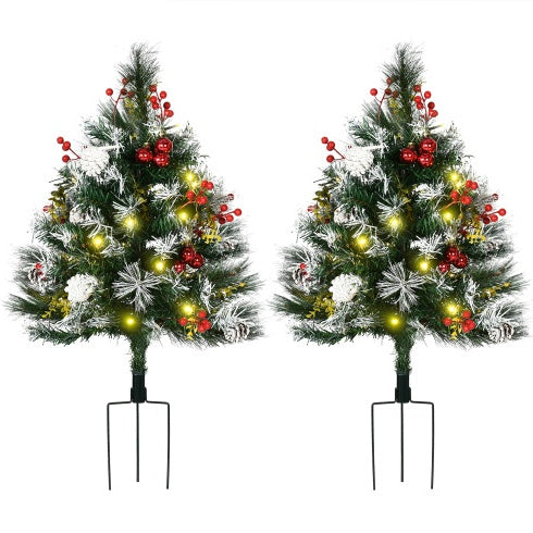 HOMCOM 2.5 Ft 30 LED 2 Pack Outdoor Entryway Pre-Lit Artificial Christmas Tree Cordless Warm White LED Lights, Red Berries, Pine Cones, Balls, Green