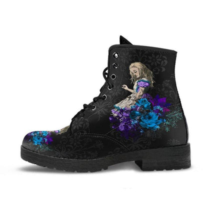 Gothic Through the Looking Glass Print Vegan Leather Combat Boots