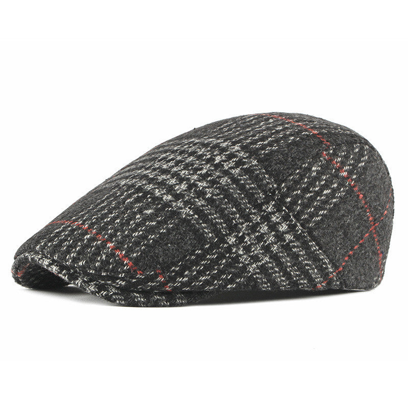 Winter Woolen Men's Beret Korean Style Plaid Peaked Cap