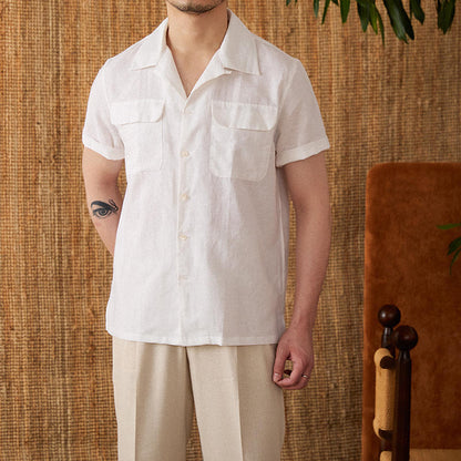 Short-sleeved Summer Cotton And Linen Cuban Collar Shirt