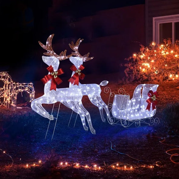 3-Piece Lighted Set Of 2 Reindeer & Sleigh, Weather Proof Christmas Outdoor Decorations