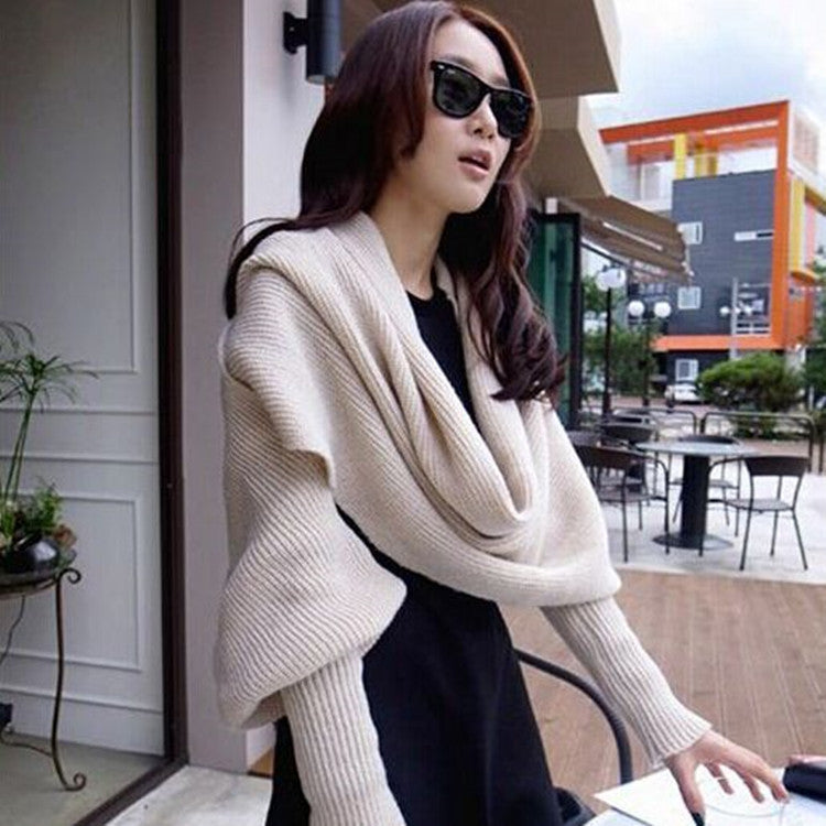 Knitted Wool Scarf Shawl With Sleeves