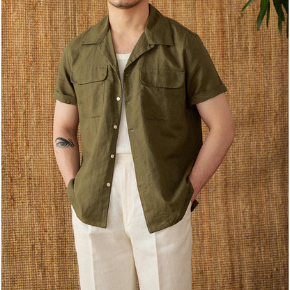 Short-sleeved Summer Cotton And Linen Cuban Collar Shirt