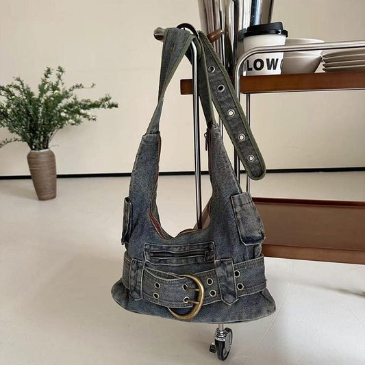 Vintage Washed Denim Shoulder Bag