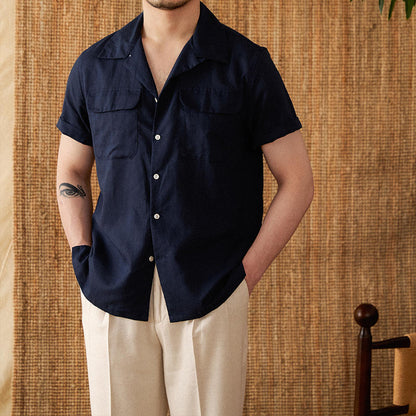 Short-sleeved Summer Cotton And Linen Cuban Collar Shirt