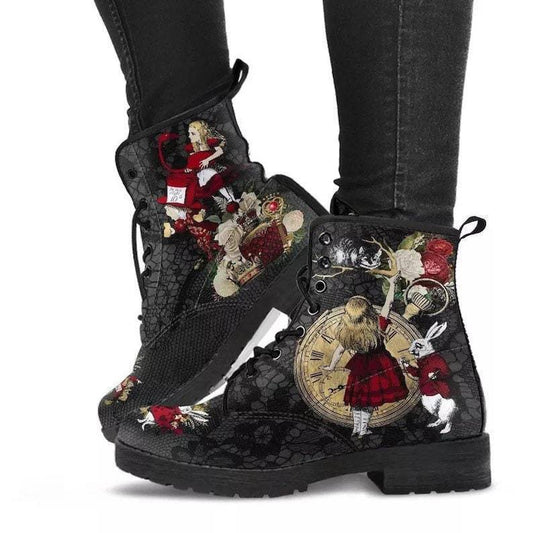 Gothic Through the Looking Glass Print Vegan Leather Combat Boots