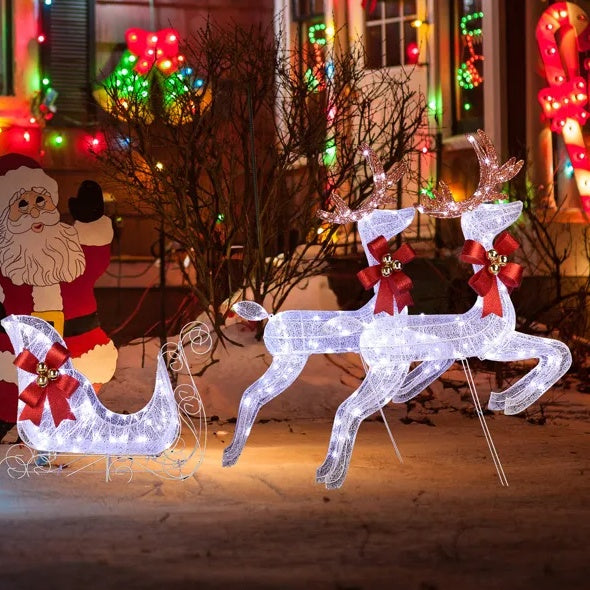 3-Piece Lighted Set Of 2 Reindeer & Sleigh, Weather Proof Christmas Outdoor Decorations