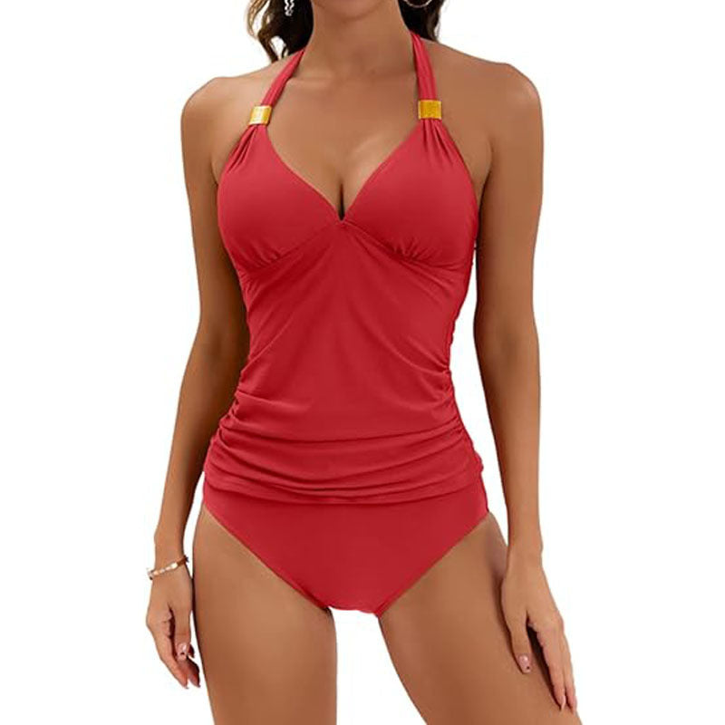 Pure Color Halter Tankini Two Piece